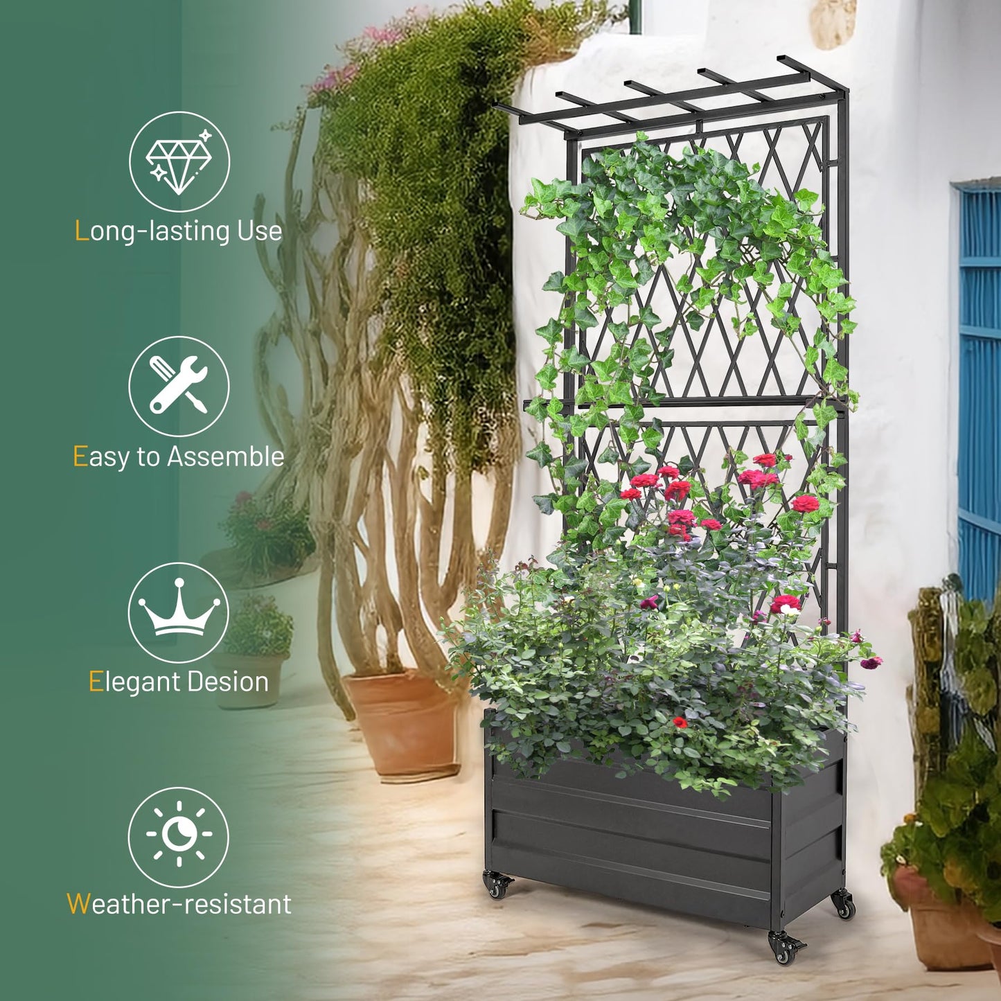 Stonehomy Metal Planter Box with Lattice Trellis and Wheels, 70 inches Tall Heavy Duty Planter Box & Raised Garden Bed with Trellis for Climbing Plants Flowers with Drainage Holes, 30Lx12Wx70H, 2Pack