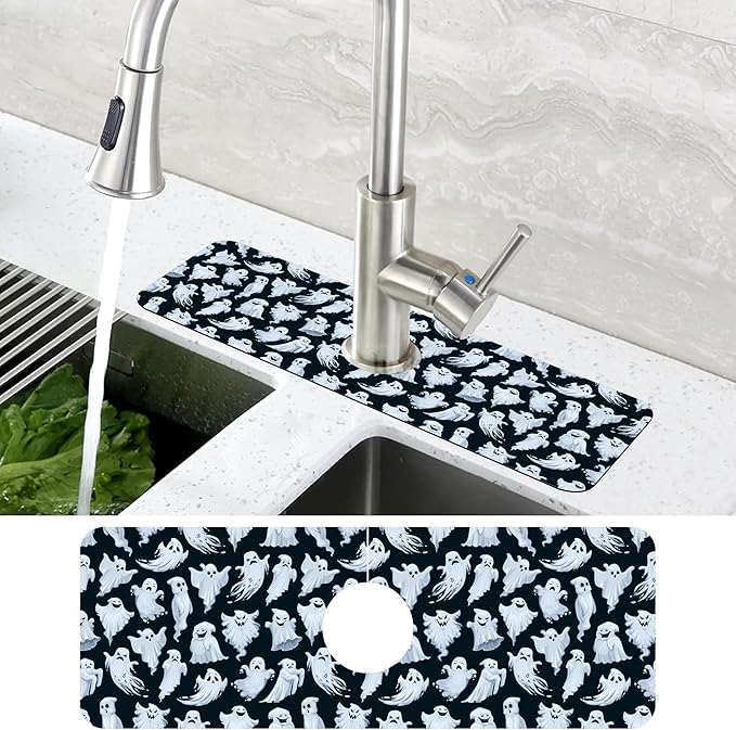 Halloween Ghost Kitchen Sink Splash Guard Mat Absorbent Fast Drying Mat Faucet
