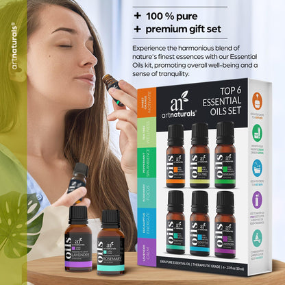 ArtNaturals Aromatherapy Top-6 Essential Oil Set - (6 x 10ml Bottles) - 100% Pure of The Highest Therapeutic Grade - Premium Gift Set – Lavender, Peppermint, Tea Tree, Eucalyptus