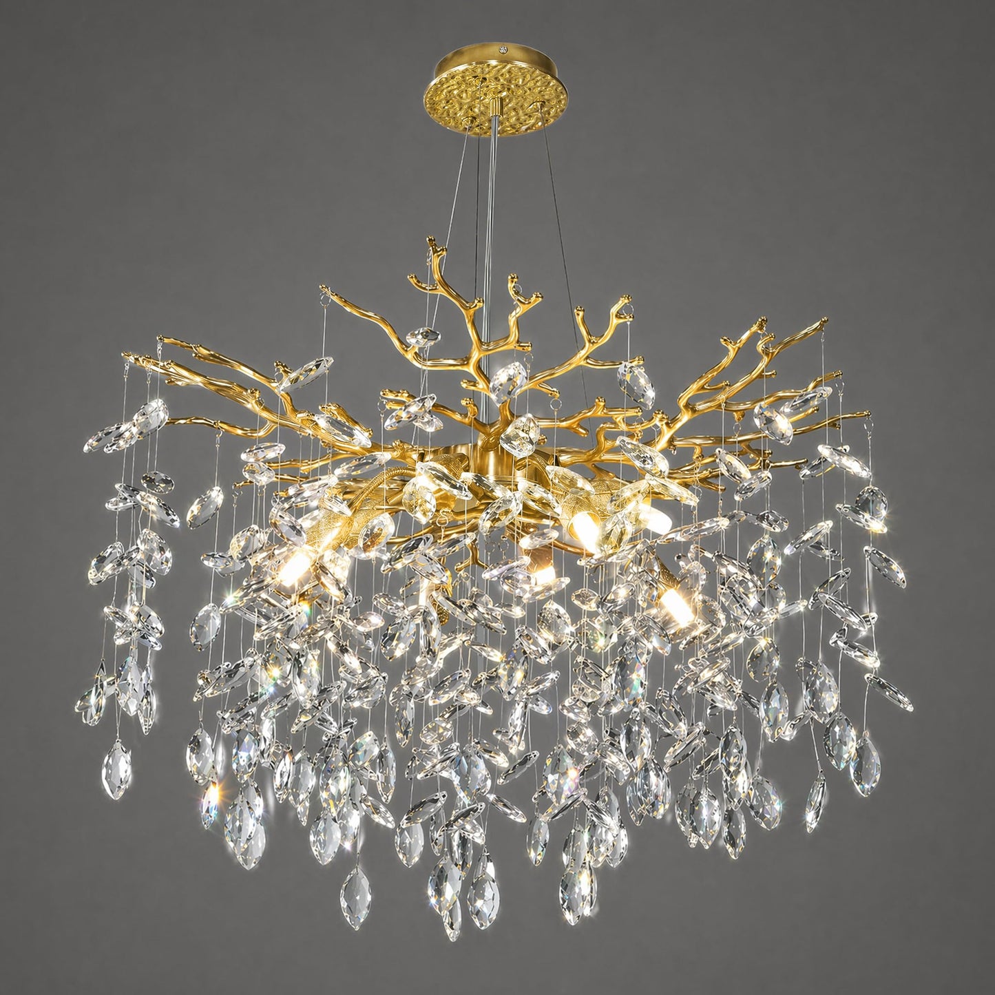 kvtinmty 24'' Modern Tree Branch Crystal Chandelier Luxury Gold K9 Crystal Chandelier 9-Light Crystals Pendant Chandeliers for Dining Room Living Room Bedroom Kitchen Entryway