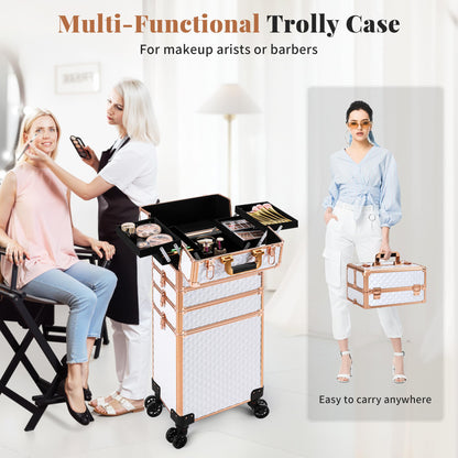 AROUS Rolling Makeup Train Case 4 in 1 Cosmetology Case on Wheels Large Storage Cosmetic Trolley with Key Salon Barber Case Traveling Cart Trunk,White