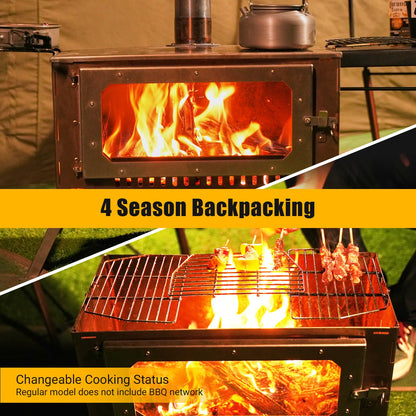 Large Portable Wood Burning Tent Stove, Foldable Stainless Steel Camping Stove with Viewing Glass & 5 Chimney Pipes & 3 Grills for Outdoor Heating, Cooking, Shelter, and Wilderness Survival