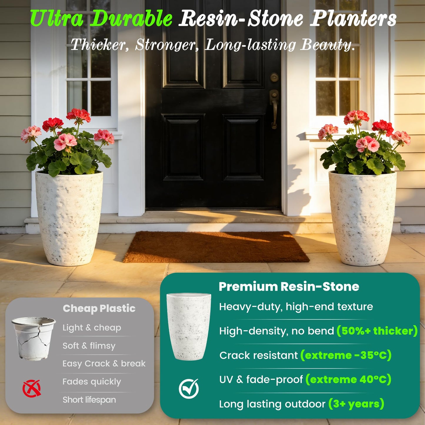 Autodaya 19.5" Resin Tall Planters for Outdoor Plants, Set of 2 Country White Large Flower Pots with Handmade Birch Bark Texture, Heavy-Duty and Weather-Resistant for Year Round Indoor Outdoor use