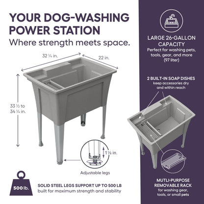 Freestanding Utility Sink with Pull-Out Faucet – 32" with Steel Legs – Multipurpose for Pet Washing & More, Indoor and Outdoor Use – by Noah William Home – Grey (26 gal)