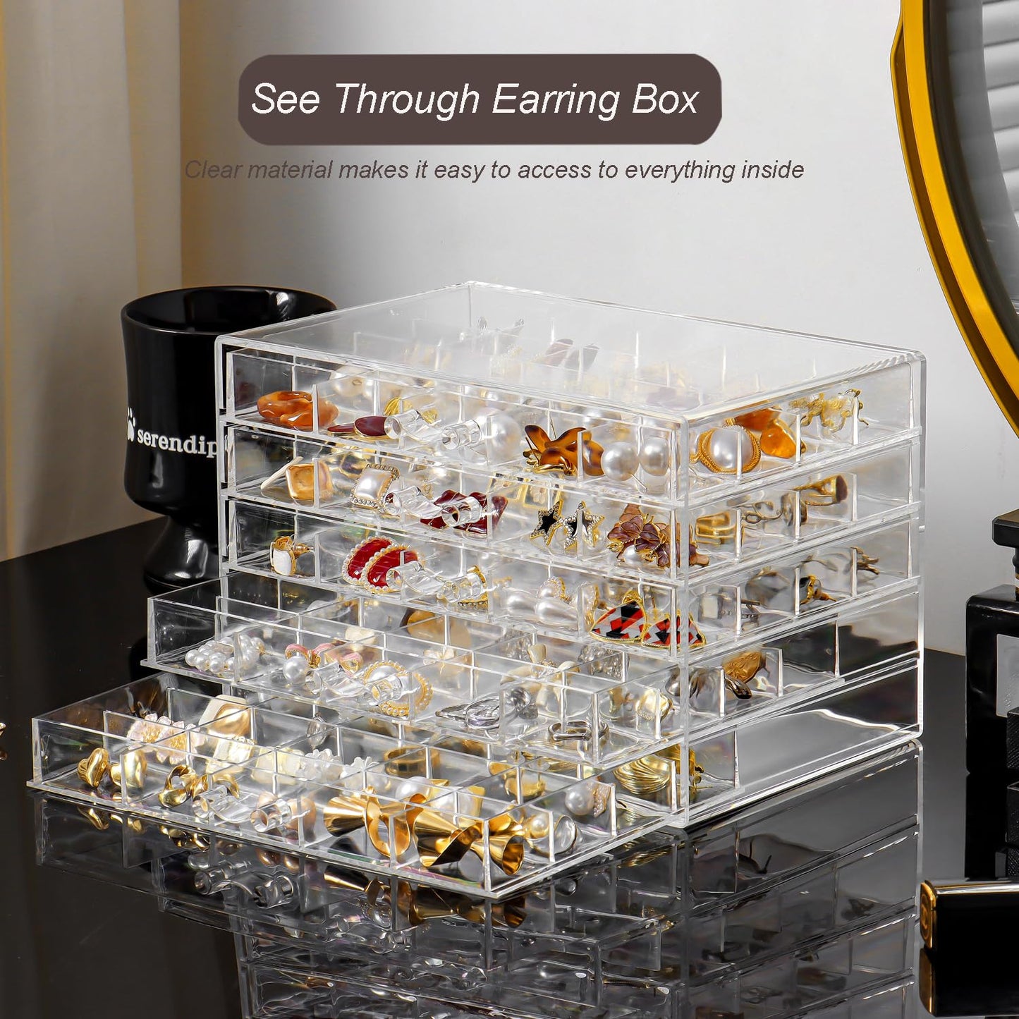 YUFONG Earring Holder Organizer Acrylic Earring Storage Box for Girls Women Jewelry Organizer Display Case with 100 Small Compartment (Clear, 5 Drawers)