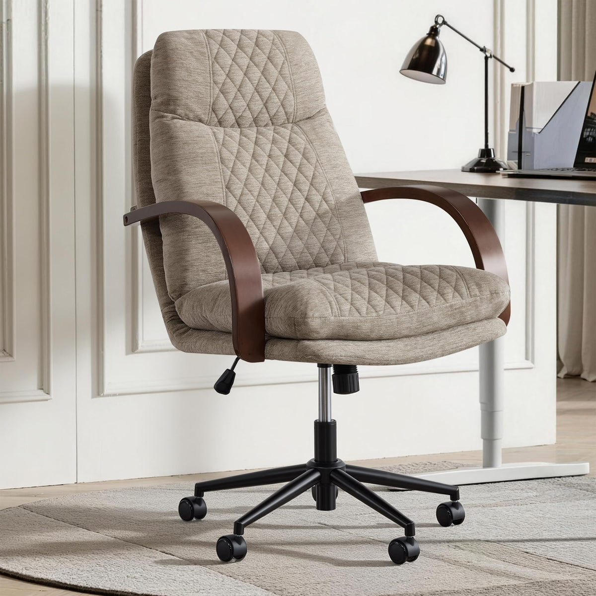 KISLOT Home Office Desk Chair, Ergonomic Office Chair with Lumbar Support, Adjustable Swivel Computer Chair with Wheels, Fabric Executive Task Chair with Wood Arms, Khaki