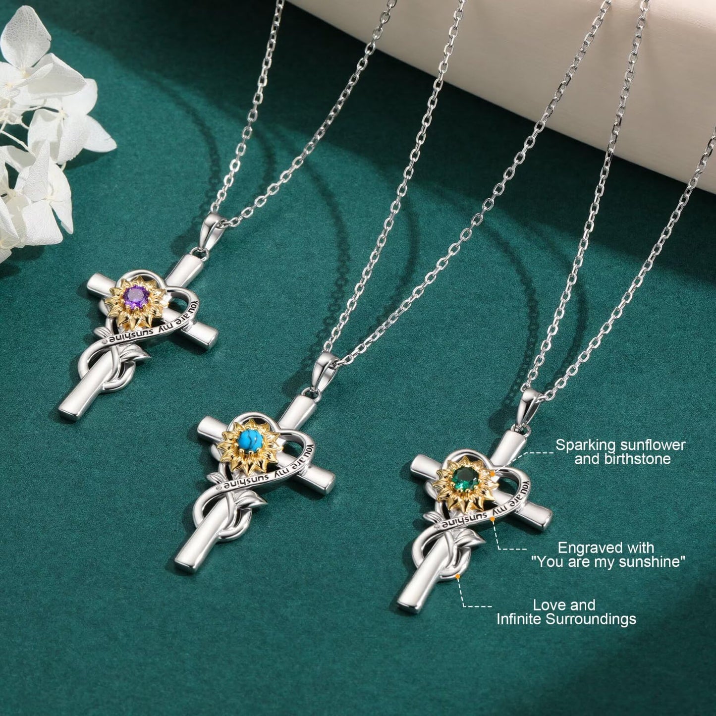 Iefil Cross Sunflower Necklaces for Wife - Simulated Sapphire Necklace, September Jewelry | Anniversary Birthday Gifts for Women, Sunflower Gifts