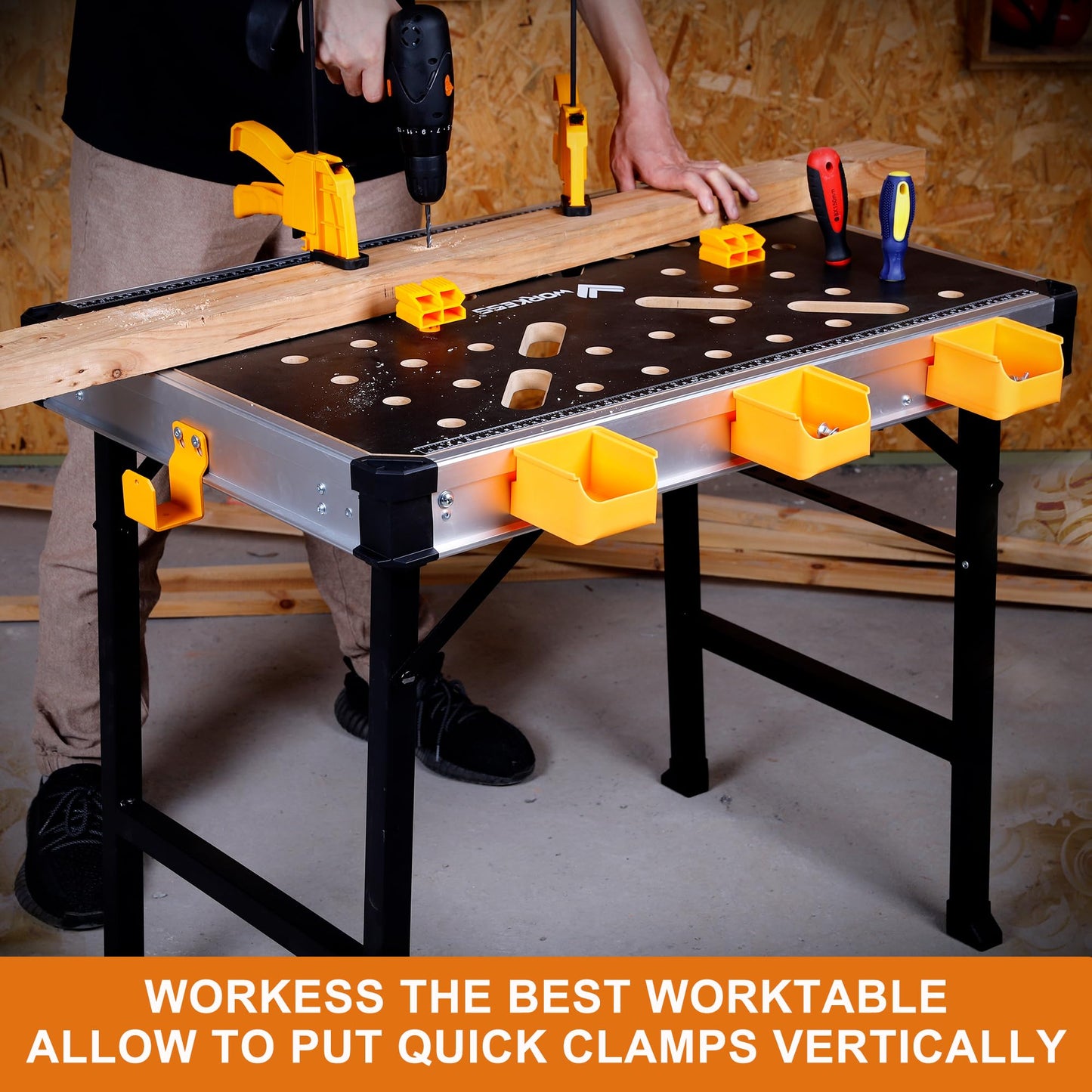 WORKESS Portable Workbench 1000Lbs Capacity Heavy Duty Folding Work Table with 2 Quick Clamps, 4 Bench Dogs, 3 Tool Boxes for Garage Easy Storage