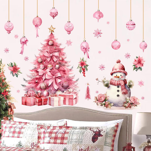 Large Pink Christmas Tree Wall Stickers Christmas Wall Decals Peel and Stick Snowman Stickers for Christmas Home Decor Indoor Hanging Ball Snowflake Art Murals for Living Room Xmas Party Supplies