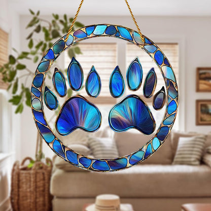 8x8 inch Charming Dog Paw Print Acrylic Stained Glass Window Hanging Sun Catcher Decor Stained Panel Hangings Wall Art Decor, for Friends and Family (Paw Print)