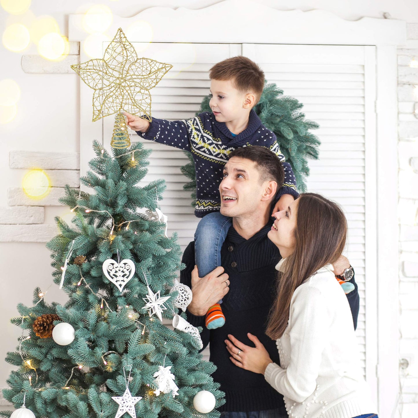 Ornativity Glittered Star Tree Topper - Christmas Gold Sparkle Wire Star Flower Leafy Petal Holiday Decor Xmas Trees Top Toppers Decorations 12"