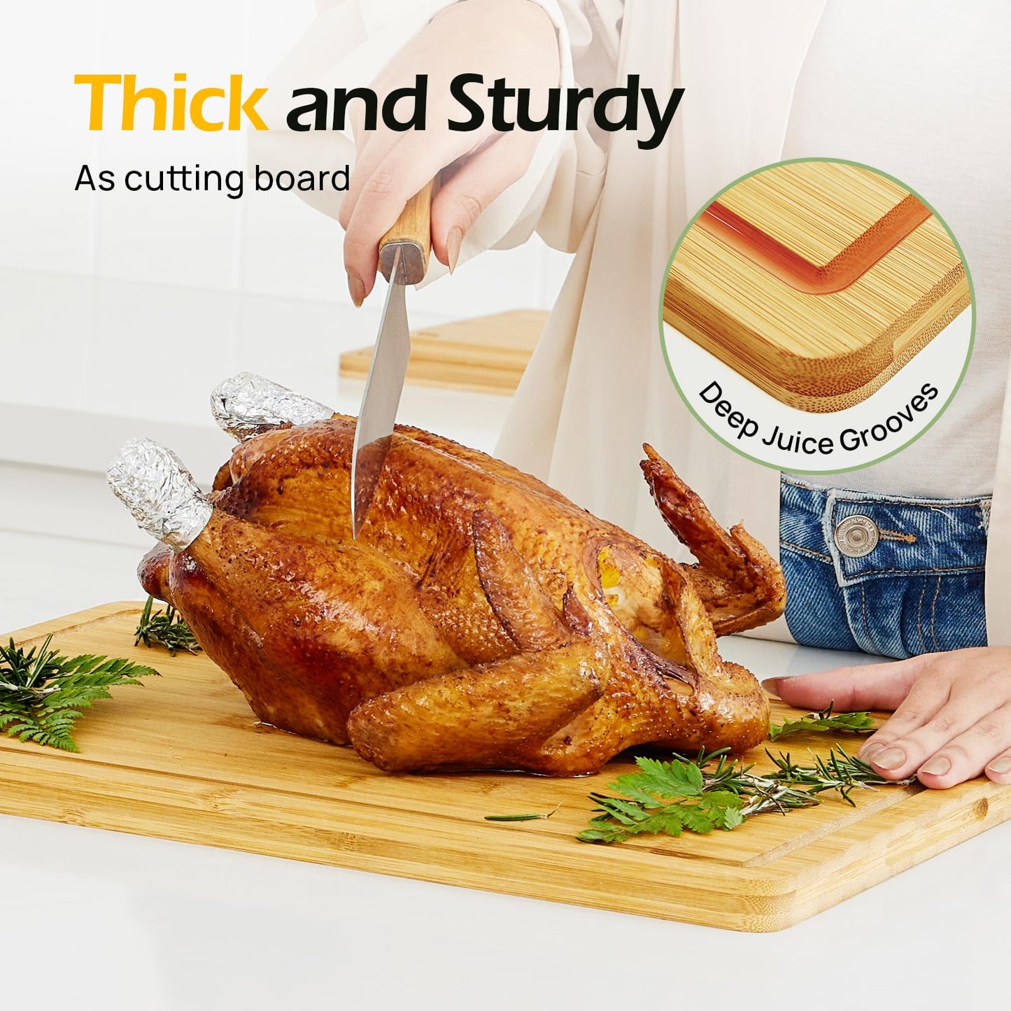 Bamboo Cutting Board, Durable Wood Cutting Boards for Kitchen with Deep Juice Grooves & Built-in Handles, Ideal Charcuterie & Chopping for Meat, Vegetables and Fruits Ideal Kitchen Gifts