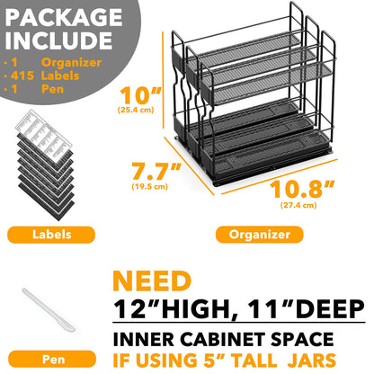 SpaceAid Pull Out Spice Rack Organizer for Cabinet, Heavy Duty Slide Out Seasoning Kitchen Organizer, Cabinet Organizer, with Labels, 5.2" W x10.75 D x10 H, 2 Drawers 2-Tier