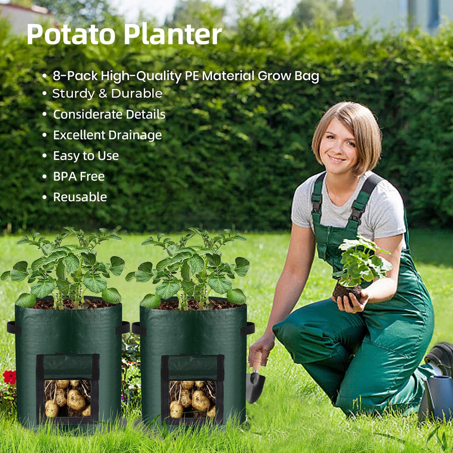 BIJOKETTEN 10 Gallon 8-Pack Grow Bags, Durable PE Fabric Pots with Flap and Handles, Green Planter Bags for Potato Vegetables Flowers Herbs Garden Outdoor, 17.7''x13.8'' Large for All Plants Growing