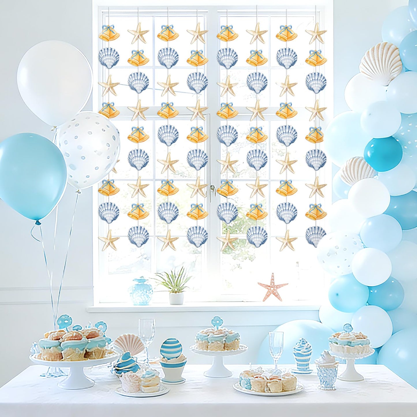 JarThenaAMCS 8 Pack Ocean Garland Coastal Beach Party Decorations Nautical Seashell Starfish Bells Hanging Banner Ornaments Pre-Assembled for Summer Under the Sea Wedding Baby Shower Mermaid Party