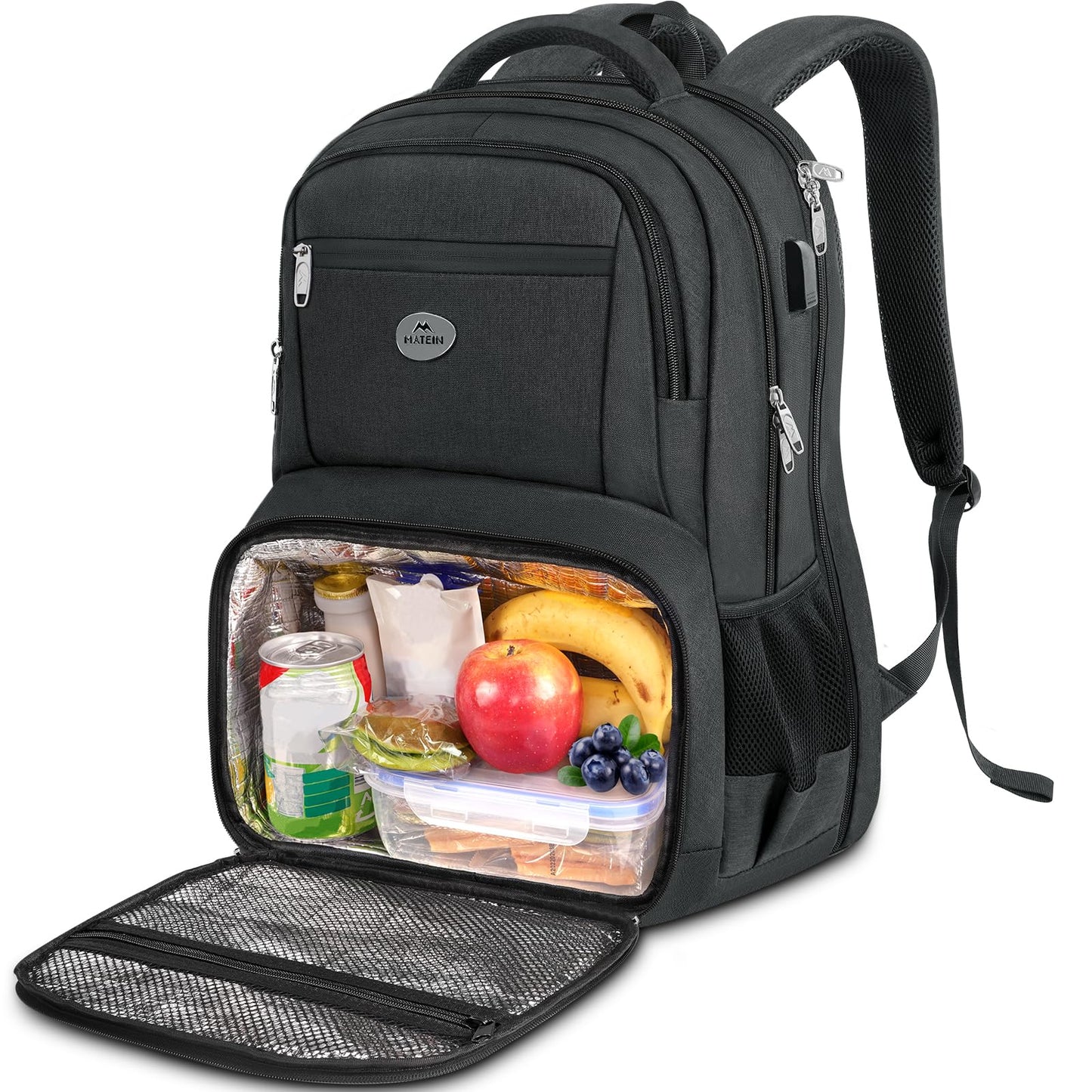 MATEIN 17 Inch Laptop Backpack with Lunch Compartment, TSA Large Travel Rucksack for Men Women with Laptop Compartment, Water Resistant Work Bag with USB Charging Port for School Backpack, Black