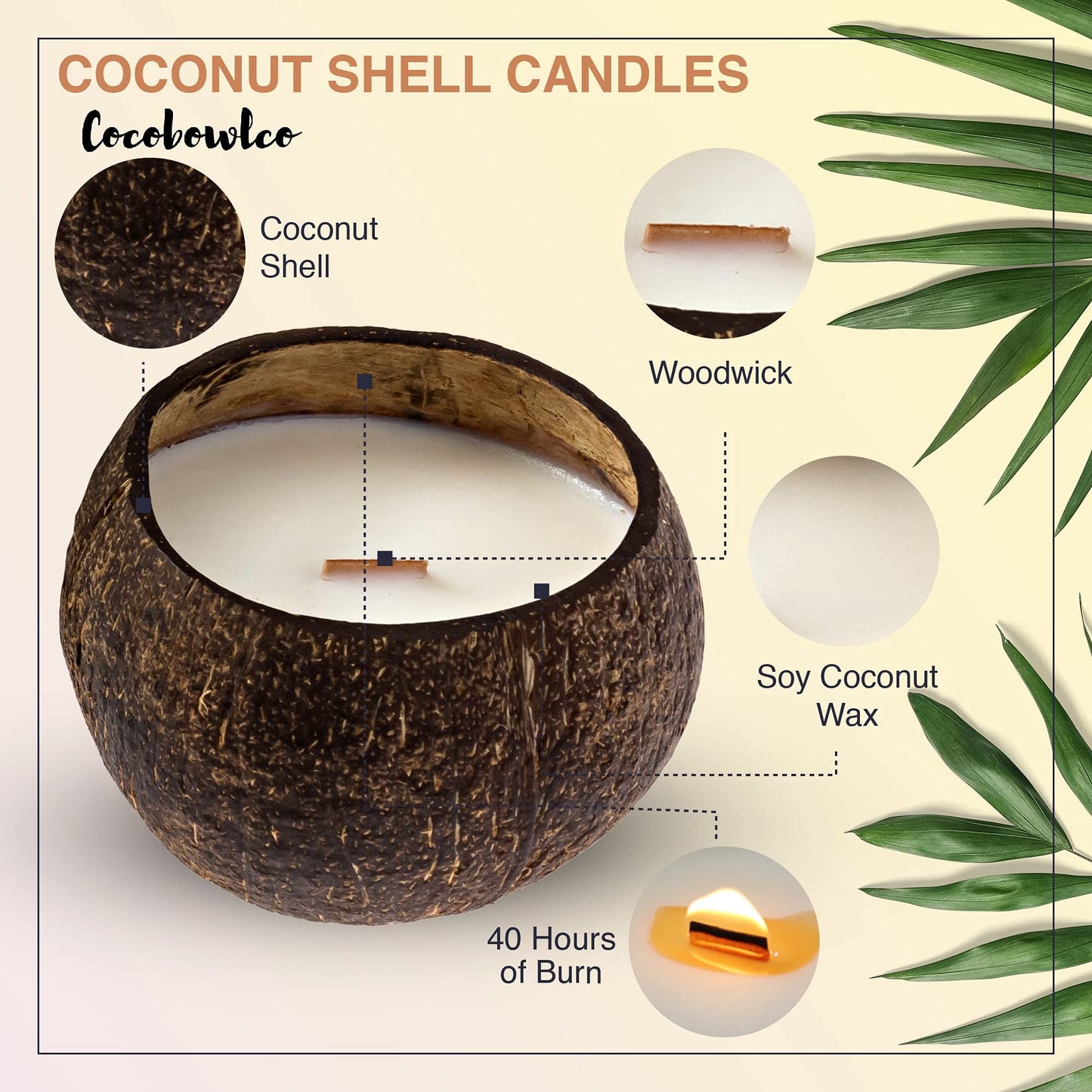 Cocobowlco Soy Coconut Candle - Vanilla Scent, Wood Wick, Real Coconut Shell, Eco-Friendly, 45+ Hours Burn Time
