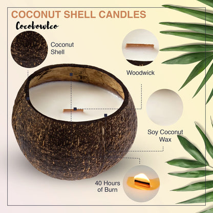 Cocobowlco Soy Coconut Candle - Vanilla Scent, Wood Wick, Real Coconut Shell, Eco-Friendly, 45+ Hours Burn Time