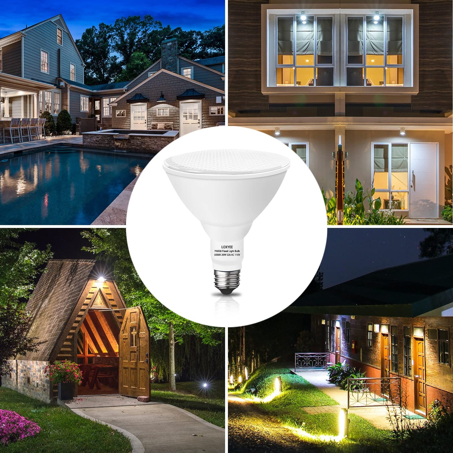LOXYEE PAR38 LED Outdoor Flood Light Bulbs 4 Pack，Dimmable 20W(200W Equivalent) E26 Base Flood Light Bulbs,5000K Daylight 1800 Lumens LED Flood Light for Outdoor Garden,Garage,Yards