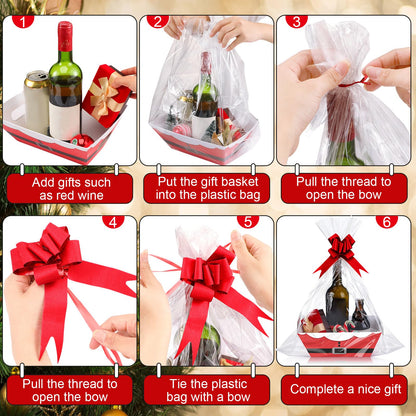 Yeaqee 36 Pcs 12 Pack 8 x 10 inch Christmas Baskets for Gifts Empty Santa Belt Cardboard Baskets Bags Kit Red Pull Bows Wine Basket for Xmas