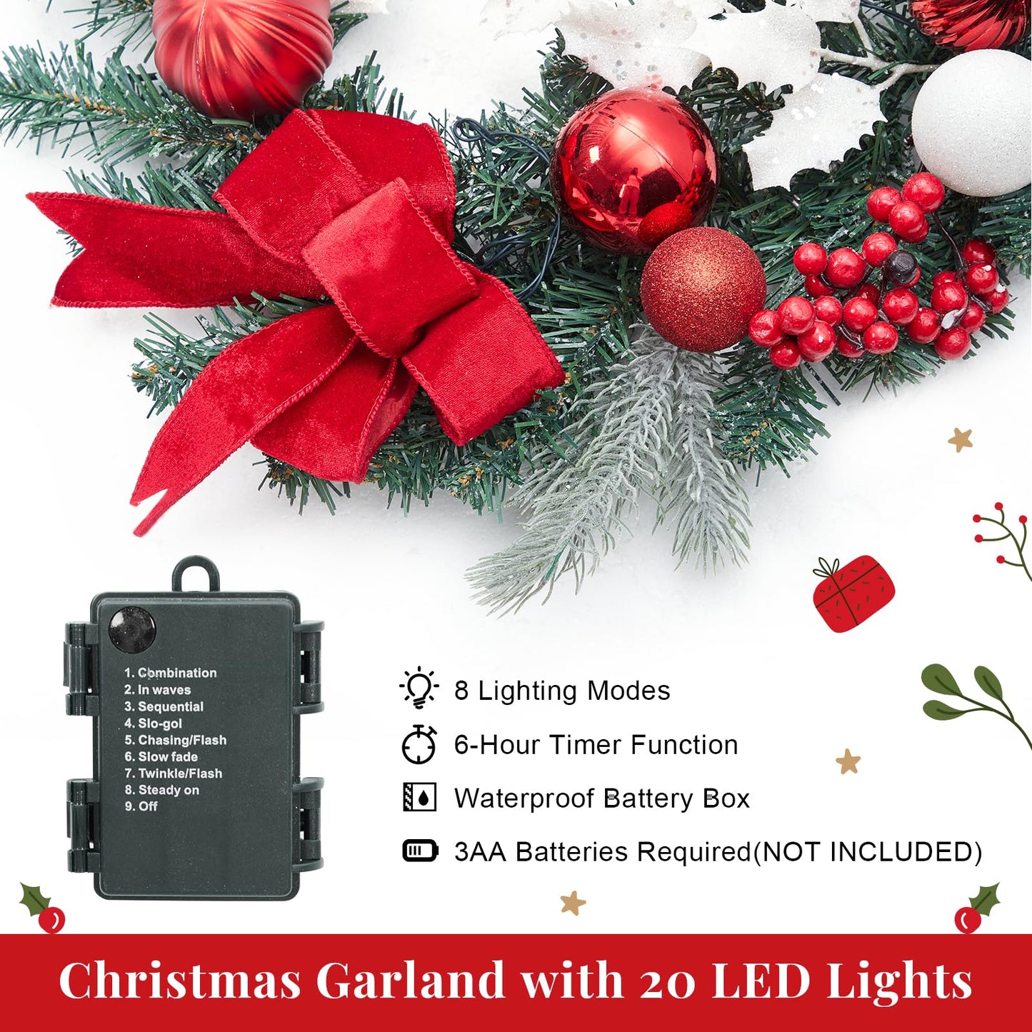 FairyLee 6ft Battery Operated Christmas Garland with 20 LED Lights & Timer, Pre-Lit Artificial Garland for Mantle, Staircase, Table, Indoor Outdoor Xmas Holiday Decor,Red Bow