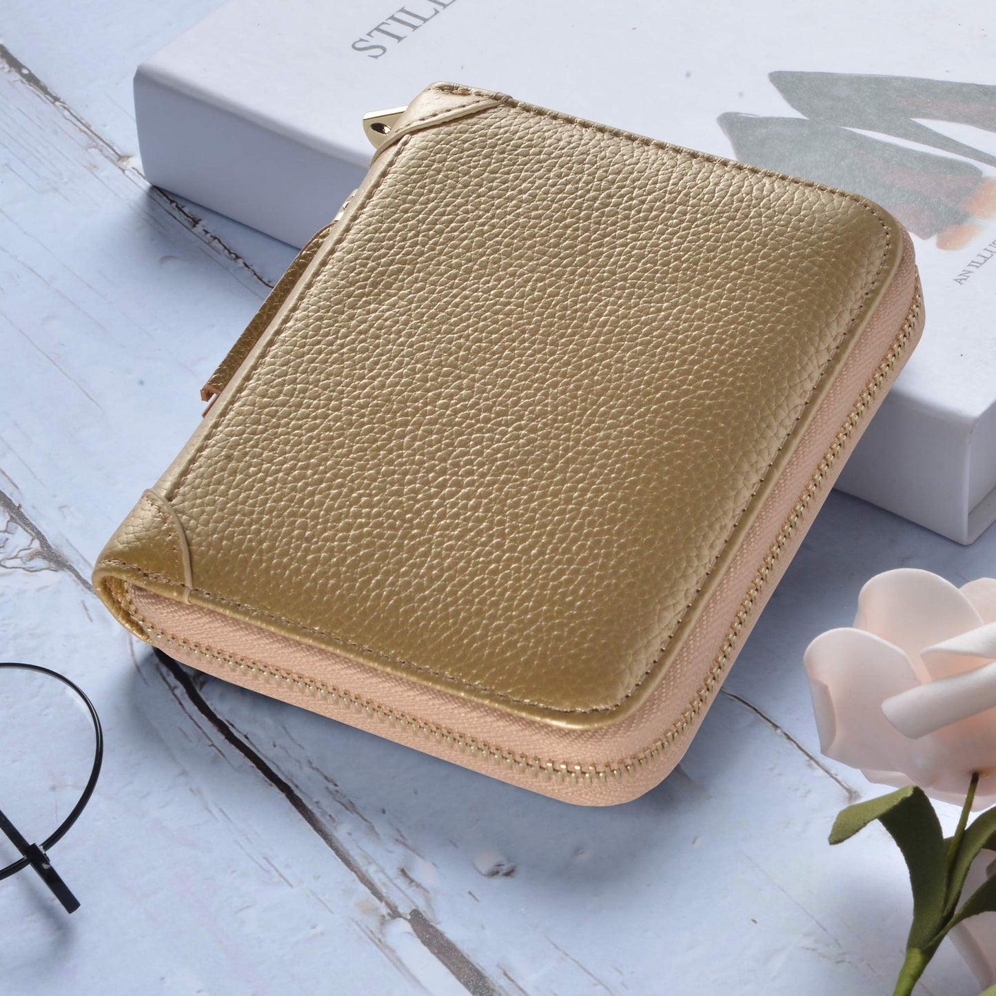 Easyoulife Womens Credit Card Holder Wallet Zip Leather Card Case RFID Blocking (Gold)