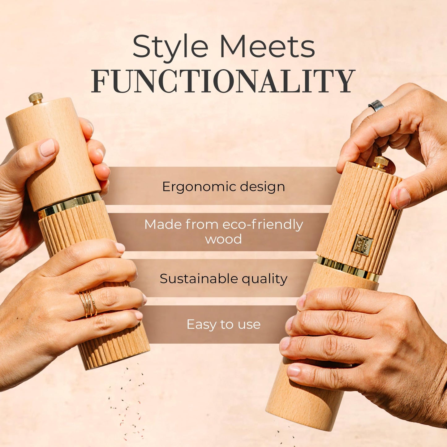 Wooden Salt and Pepper Grinder Set – Refillable Manual Salt and Pepper Mills with Adjustable Ceramic Burrs, Gold Detailing, and Wood Stand