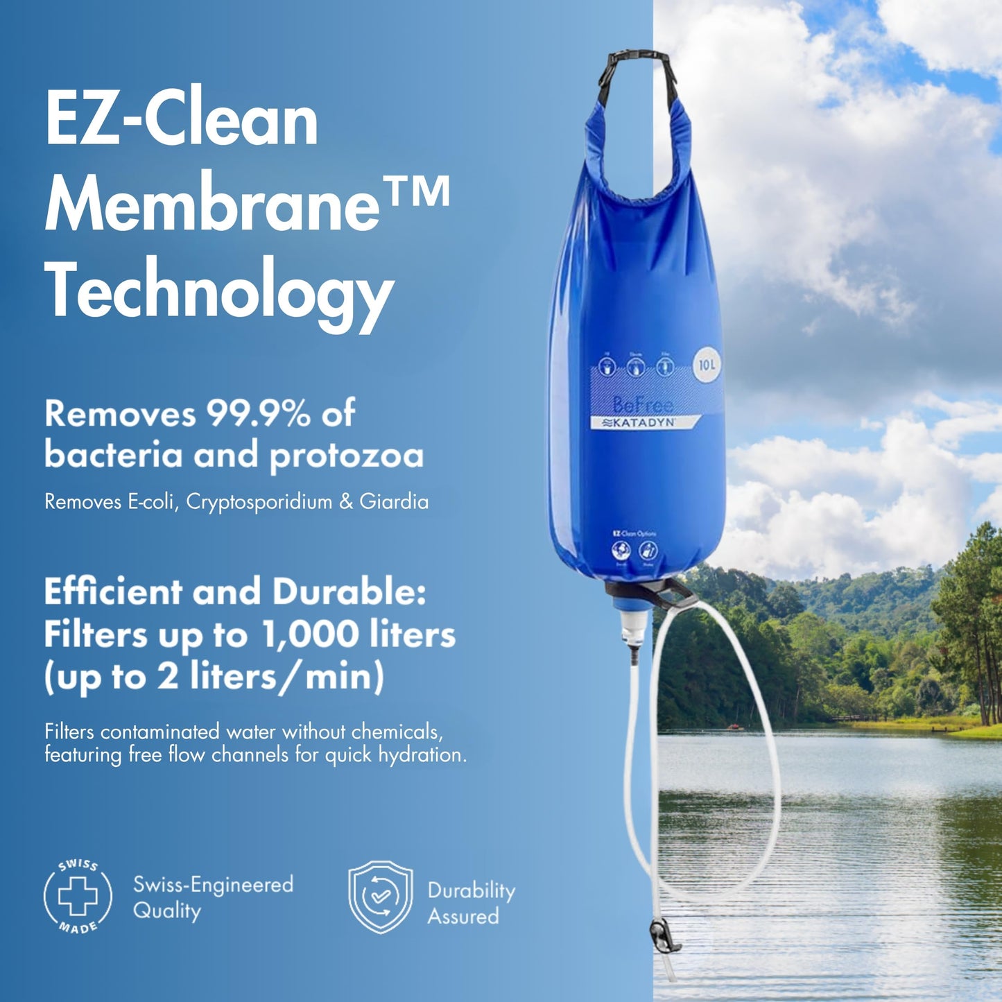 Katadyn BeFree Gravity Water Filter 10L for Base Camp, Large Groups & Emergency Preparedness | 0.1 Micron Hollow Fiber Filter Removes Bacteria & Protozoa, 1,000L Capacity, BPA-Free
