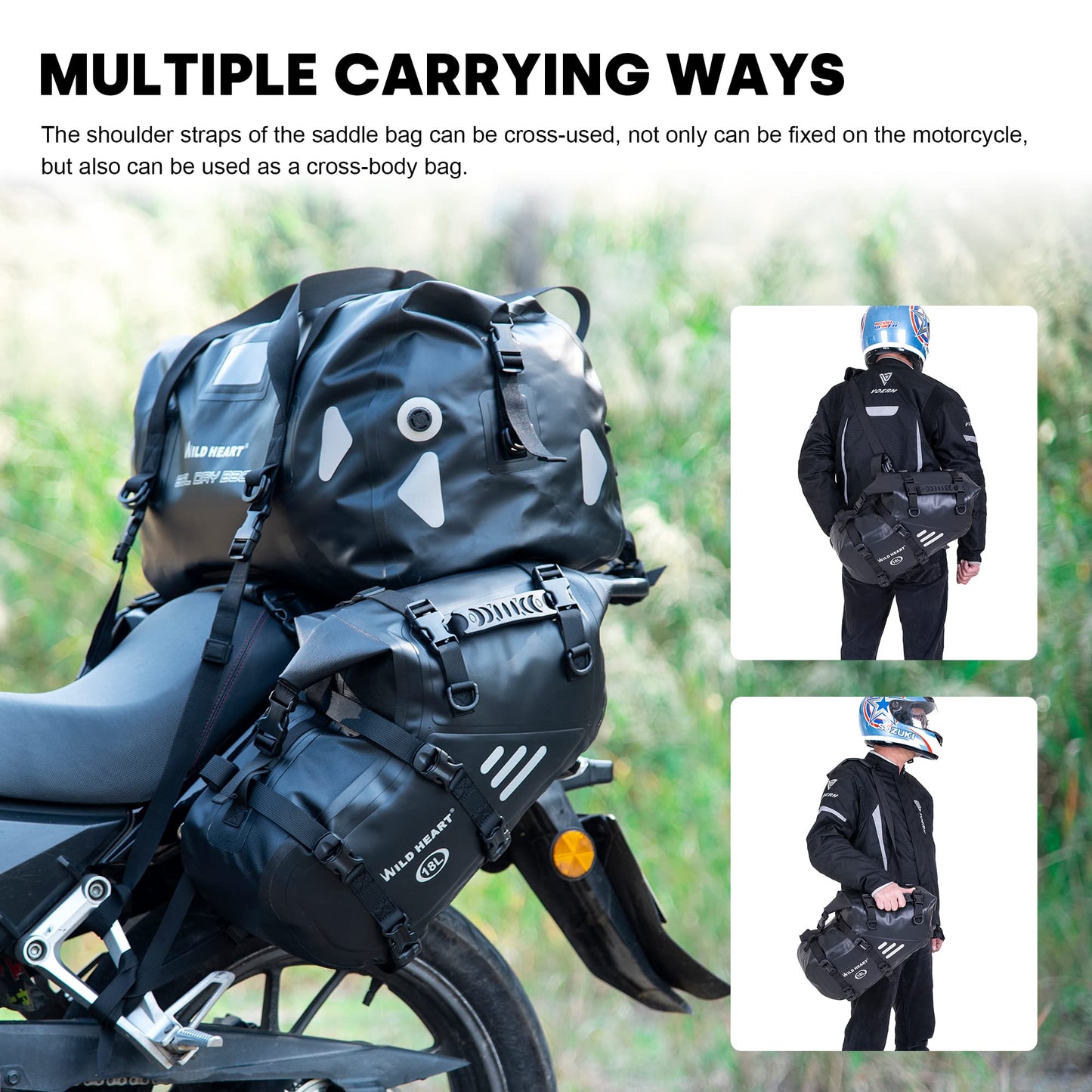 WILD HEART Motorcycle Saddlebags Waterproof 36L (18L*2) Side Saddlebags Pannier Bag Trunk Motorcycle Accessory Riding Storage Space (18L*2,Black)