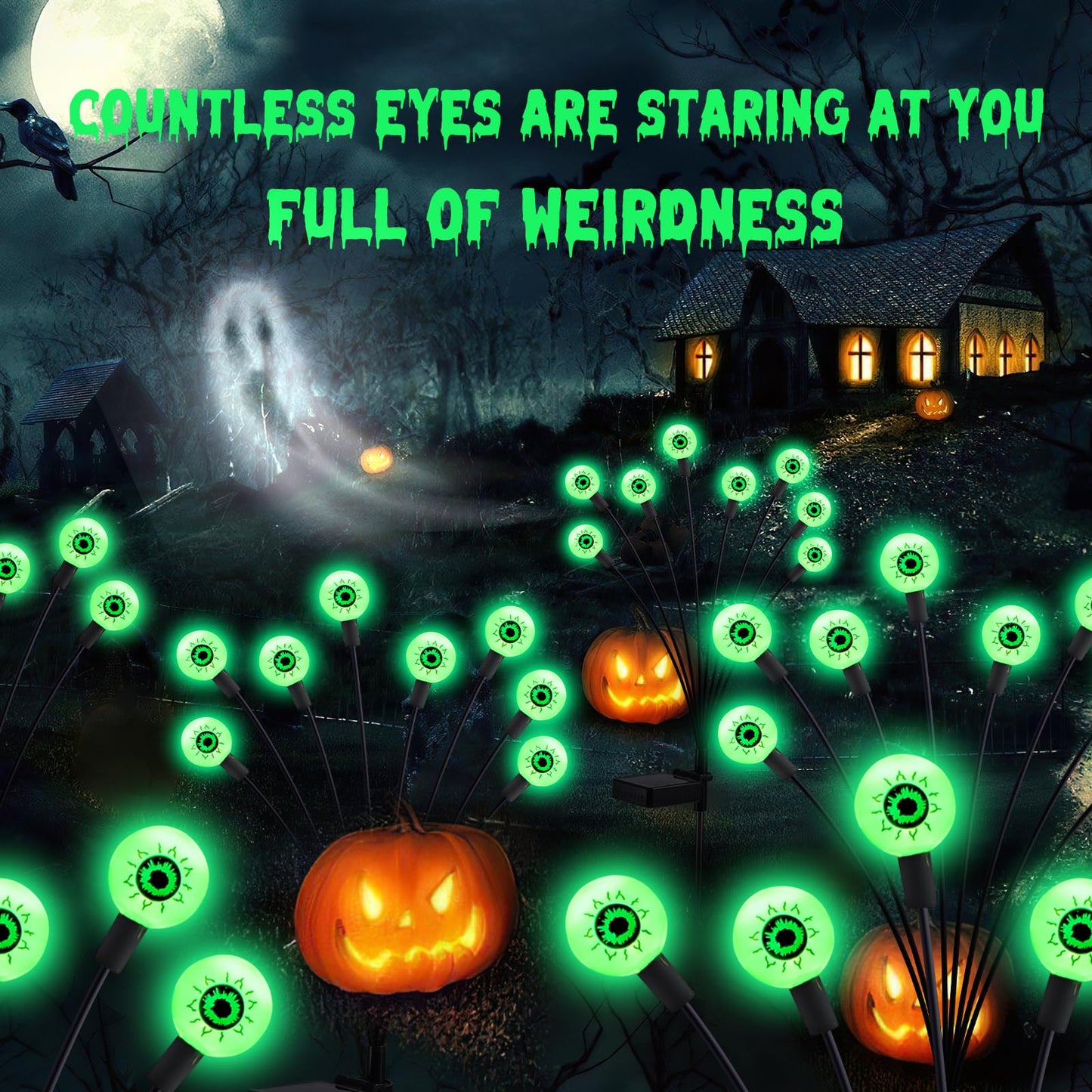 ASMAD Halloween Decorations Outdoor Solar Scary-Eyeball Lights, 4Pack 32LEDs Green Eyeball Swaying Firefly-Lights, Waterproof Solar-Path-Lights for Garden/Yard/Patio/Party Decor