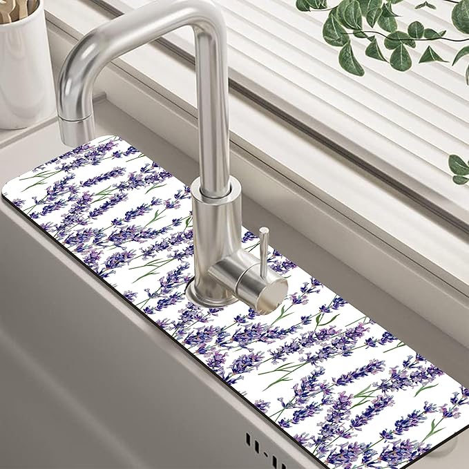 Watercolor Lavender Bunches Kitchen Sink Splash Guard Mat Absorbent Fast Drying