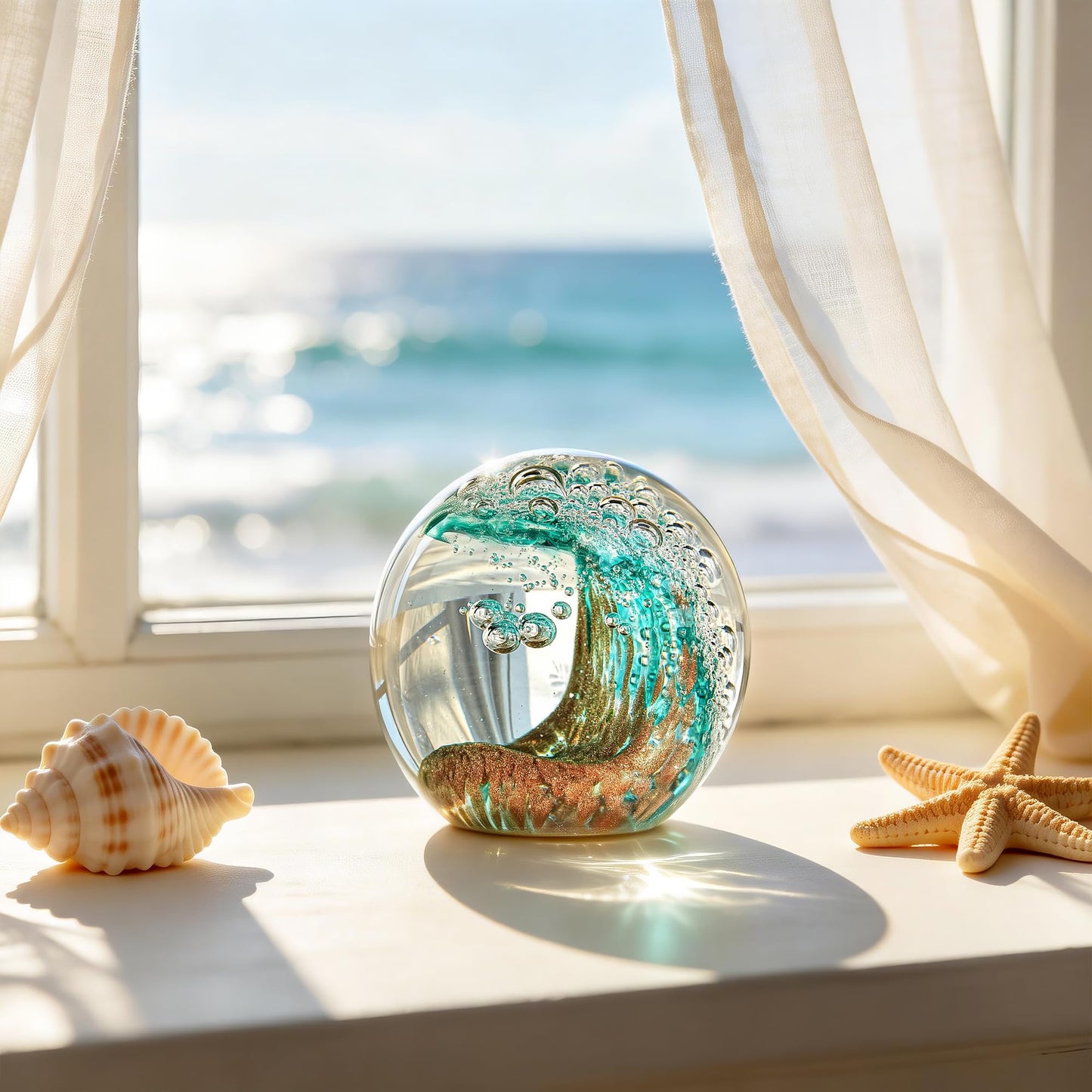 H&D HYALINE & DORA 2.3 Inch Hand Blown Crystal Ball Ocean Waves Glass Ball Paperweight Aquarium Office Decorative Balls Ocean Lovers Gifts(Green)