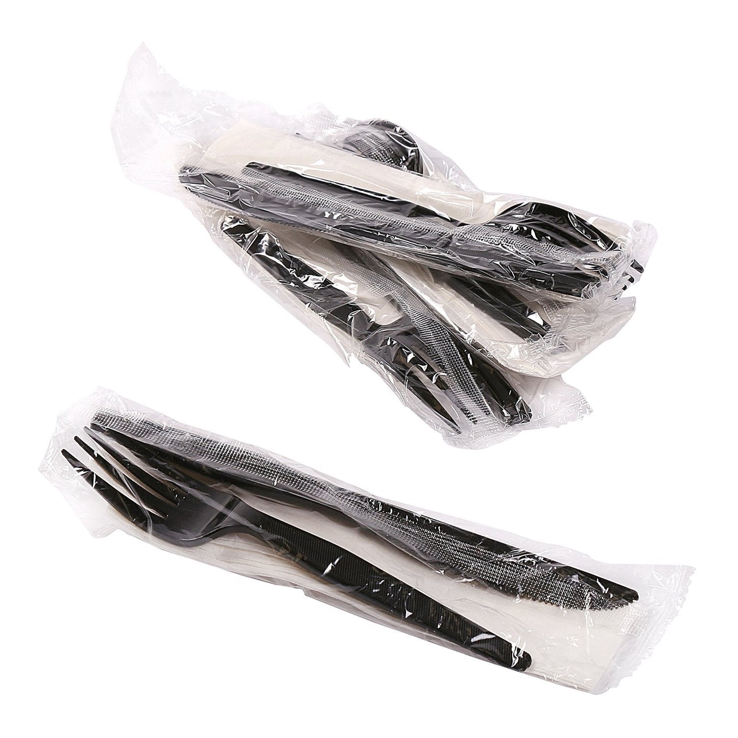 AmerCareRoyal 3-in-1 Disposable Silverware Medium Heavy Weight Plastic Utensil Set with Fork, Knife and 12x13 inch Napkin - Individually Wrapped Cutlery Meal Kit, Black, Case of 500