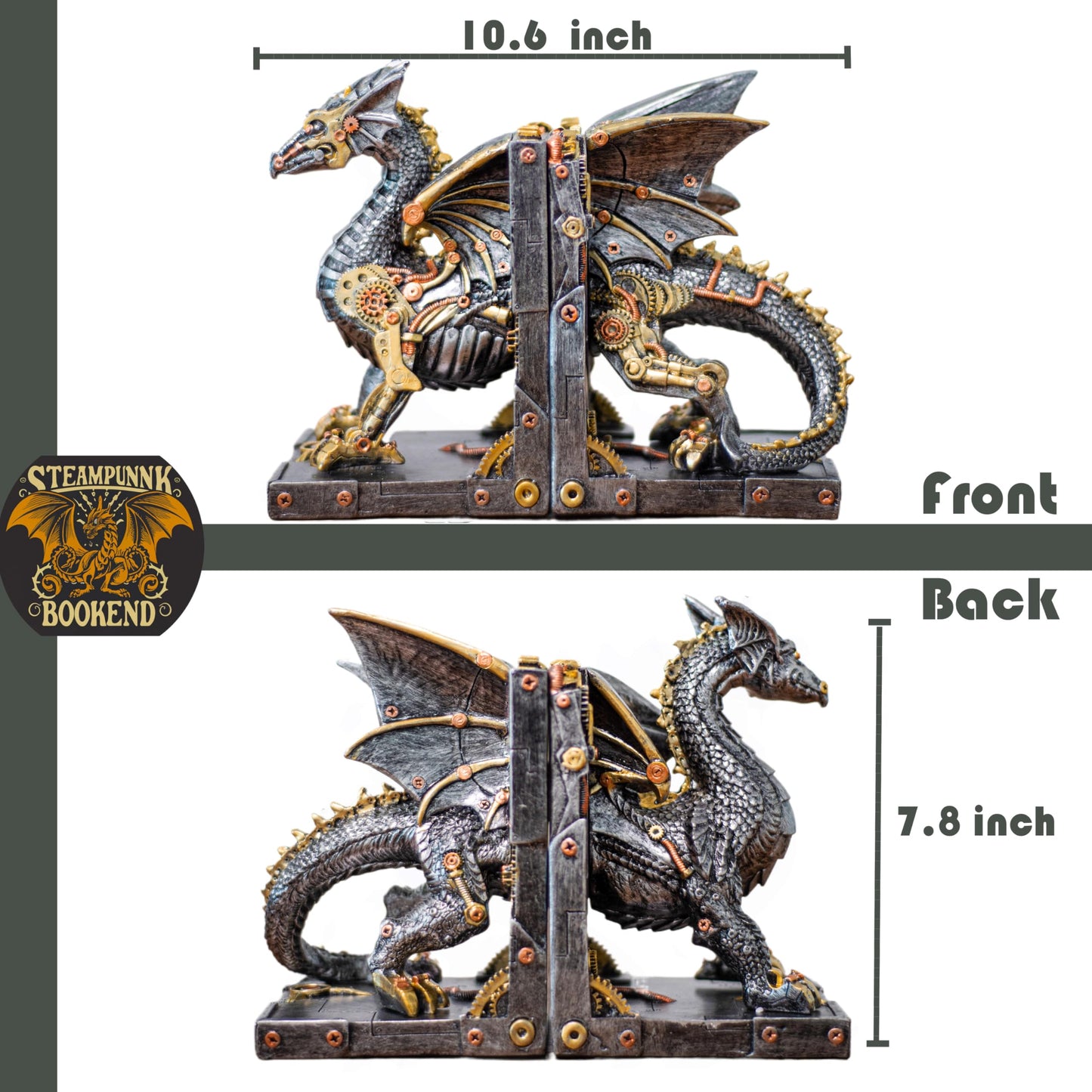 Large Steampunk Fantasy Dragon Statue, Decorative Bookends for Heavy Books, Unique Book Ends Decor for Shelves.