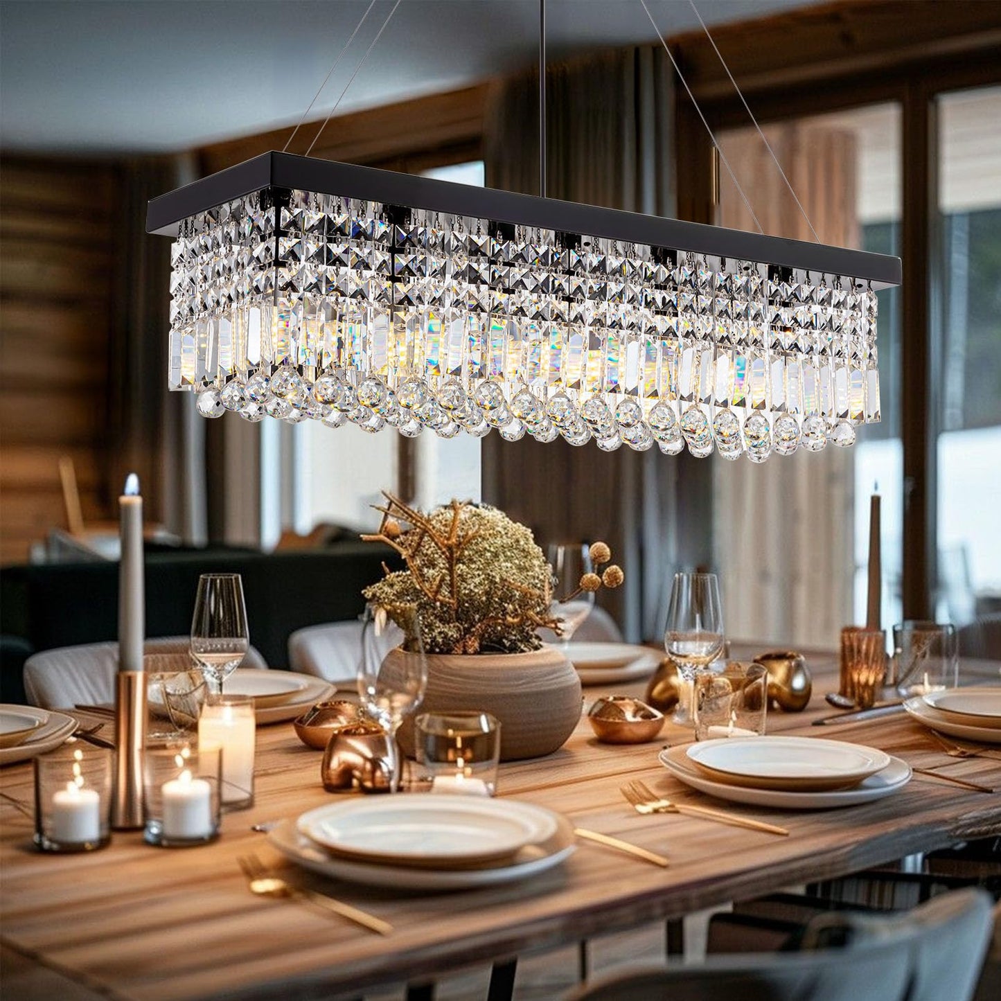 7PMBEANE Rectangle K9 Crystal Chandelier,Rectangular Contemporary Pendant Light Fixture,Black Modern Crystal Chandeliers for Dining Room Kitchen Island L31.5''xW10''xH10''