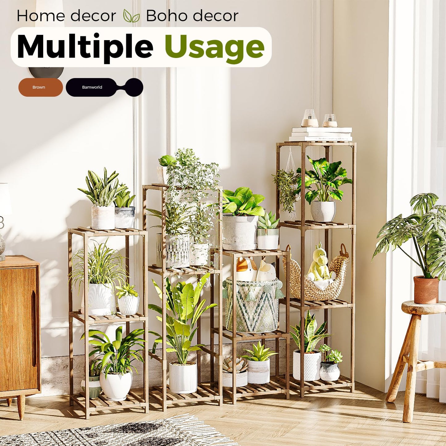 Bamworld Tall Plant Stands Indoor 4 Sets Plant Shelves Outdoor Wooden Plant Holder for Multiple Plants Flower Stands for Living Room Balcony Garden Patio Lawn Window