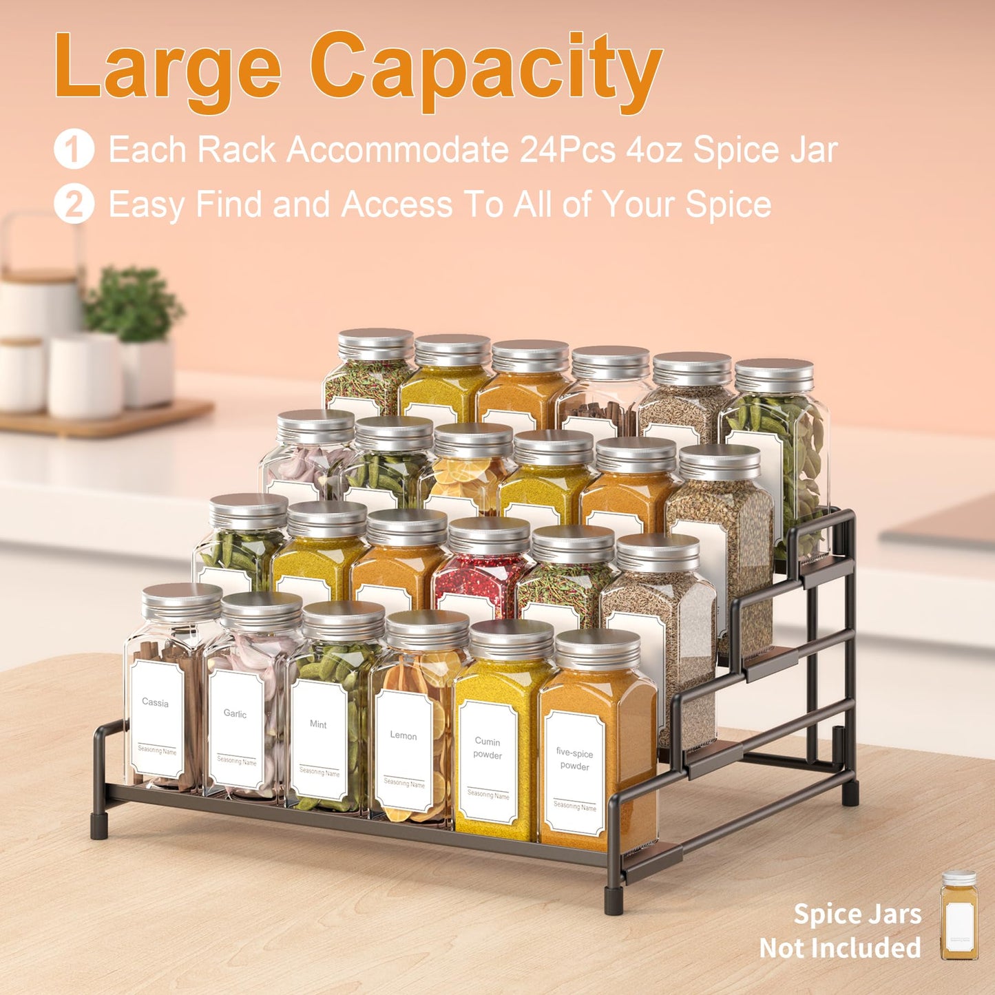RUILALIFE 4-Tier-Spice-Rack-Organizer-for-Cabinet, Adjustable Depth Spice Holder Shelf For Countertop Pantry Cupboard, Metal Tiered Seasoning Organizer,Display Shelf Riser (Black-1 Pack)