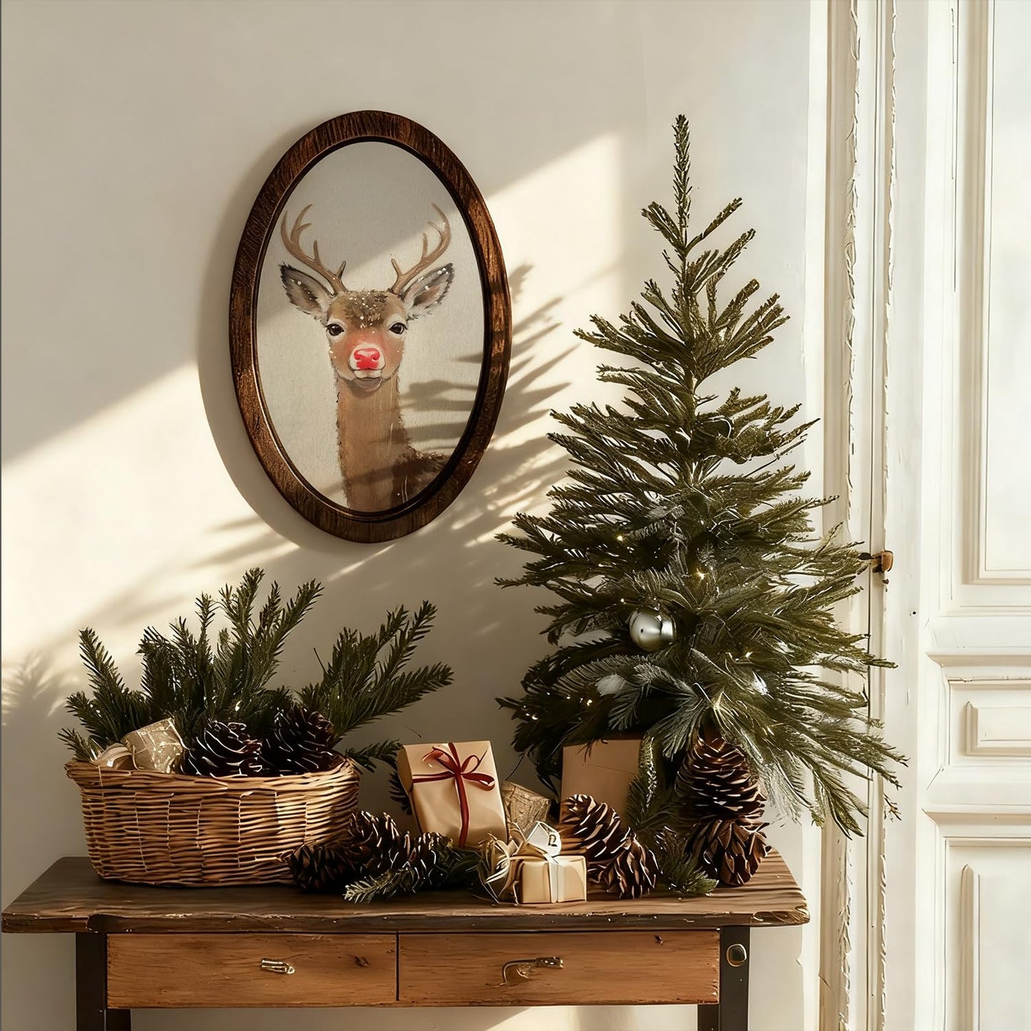 YZSLA Red Nose Reindeer Christmas Deer Framed Wall Art Decor, Christmas Home Room Decor, Rustic Winter Xmas Red Deer Holiday Wooden Oval Wall Decorations for Home Bedroom Living Room, 15.74x10.23