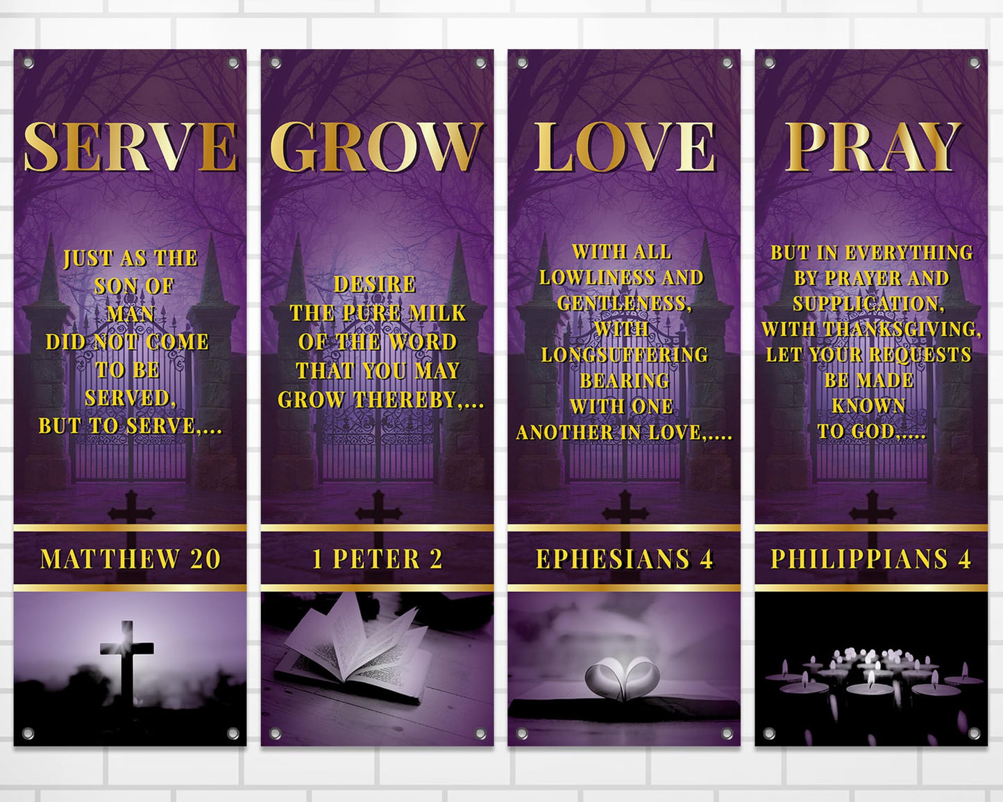 4Pcs Church Banners for Sanctuary Wall Welcome Religious Banners Serve Grow Love Pray Hanging Backdrop Purple Church Hanging Signs Scripture Bible Verse Banner for Holiday Sunday School Decor