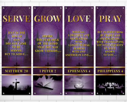 4Pcs Church Banners for Sanctuary Wall Welcome Religious Banners Serve Grow Love Pray Hanging Backdrop Purple Church Hanging Signs Scripture Bible Verse Banner for Holiday Sunday School Decor
