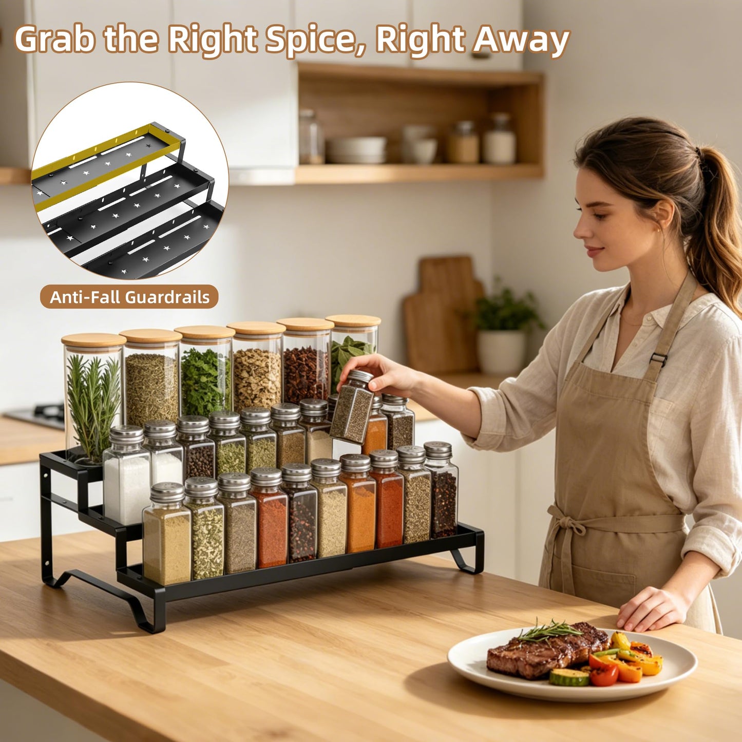 SANKEU Expandable Spice Rack Organizer for Cabinet 3 Tiered Metal Seasoning Organization with Guardrails Spice Shelf Storage for Jars Adjustable Length 13"-21" Black 1Pack