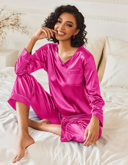Ekouaer Silk Pajama for Women Long Sleeve Satin Pj Set Two Piece Soft Sleepwear Loungewear S-XXL