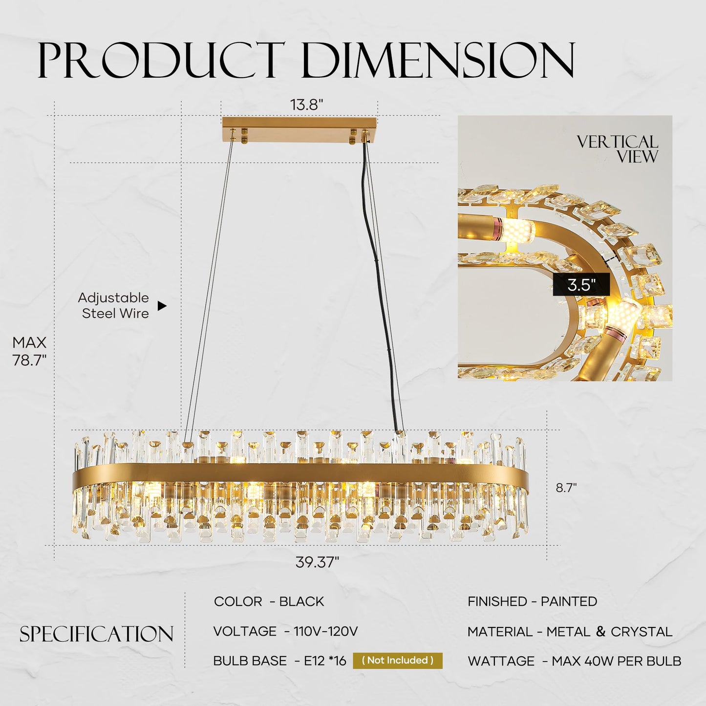 lighceac 39" Modern Gold Rectangle Crystal Chandelier Light Fixtures for Kitchen Island Luxury Linear Crystal Chandeliers for Dining Room 16-Light Long Hanging Pendant Lighting for Entryway Foyer Bar