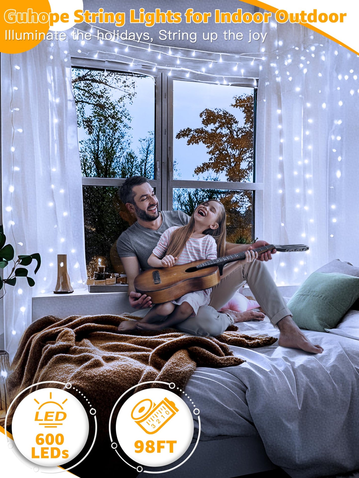 Guhope Christmas Lights 600LED 98FT, Waterproof Outdoor String Lights with Remote and Timer, 8 Modes Dimmable Fairy Lights for Indoor Outdoor Wedding Party Holiday Decorations (Cool White)