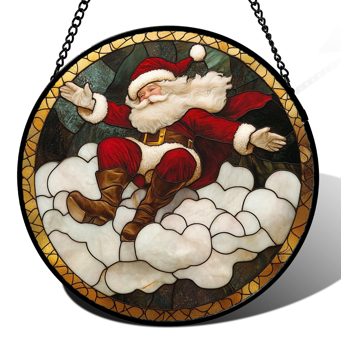 Stained Glass Window Hanging - Red White Santa Claus Clouds Suncatcher for Doors Home Christmas Decoration Sun Catcher Thanksgiving New Year Birthday Gifts for Friend Women Men Mom Nana 6.3 in