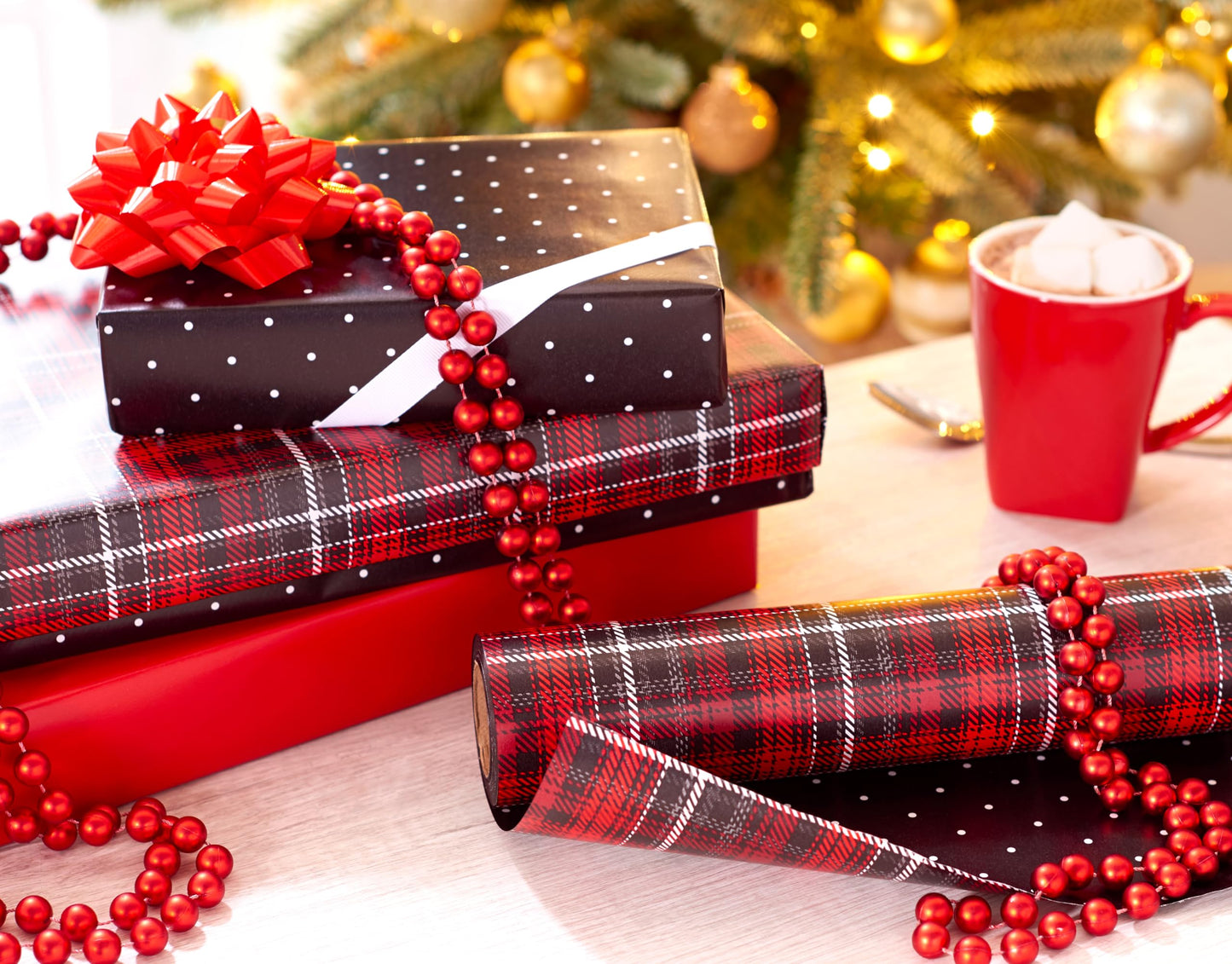 American Greetings Jumbo Reversible Wrapping Paper Roll for Christmas, Red and Black Holiday Gift Wrap (175 sq. ft., 1 Extra Large Roll-30 in. x 70 ft.) Polka Dots and Plaid