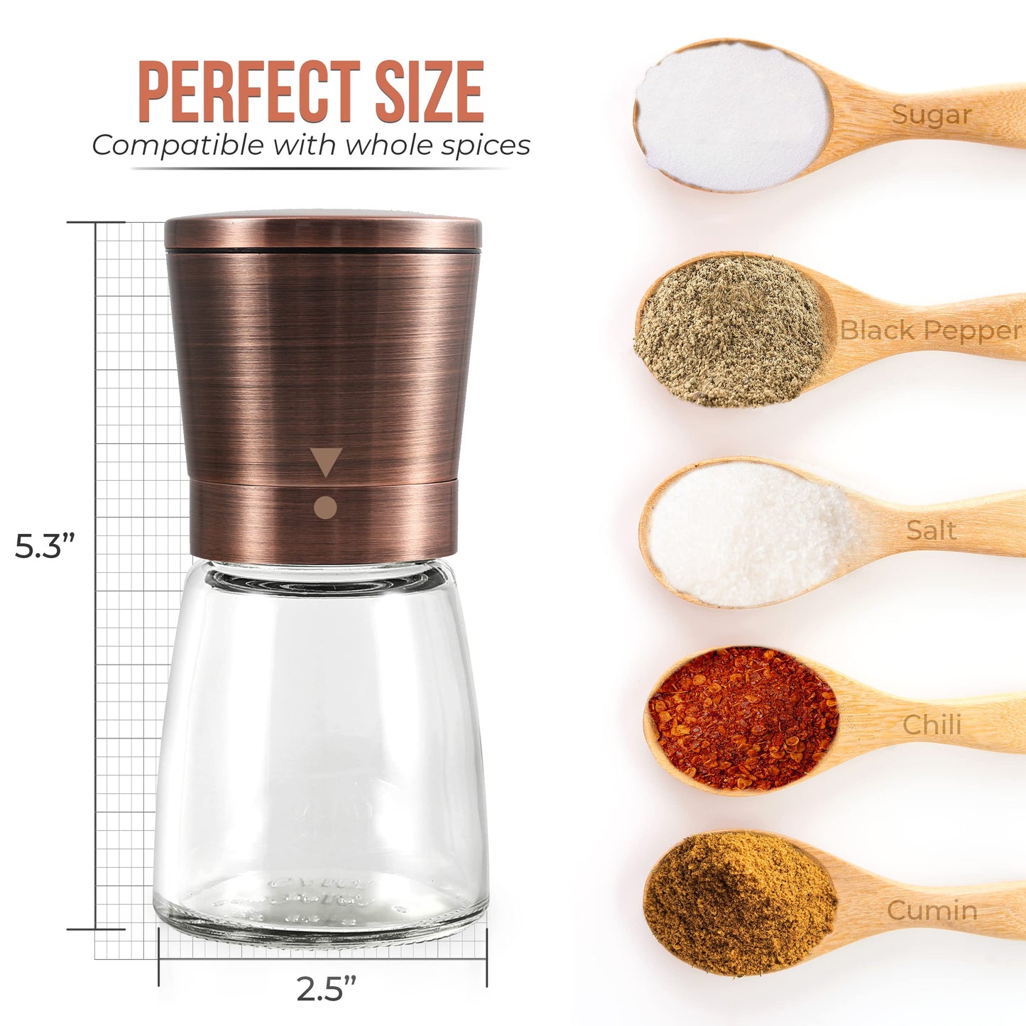 Copper Pepper Grinder or Pepper Mill, Manual Salt Grinder Refillable with Adjustable Coarseness, Black Pepper Grinder Made of Stainless Steel, Himalayan Salt and Sea Salt Grinder