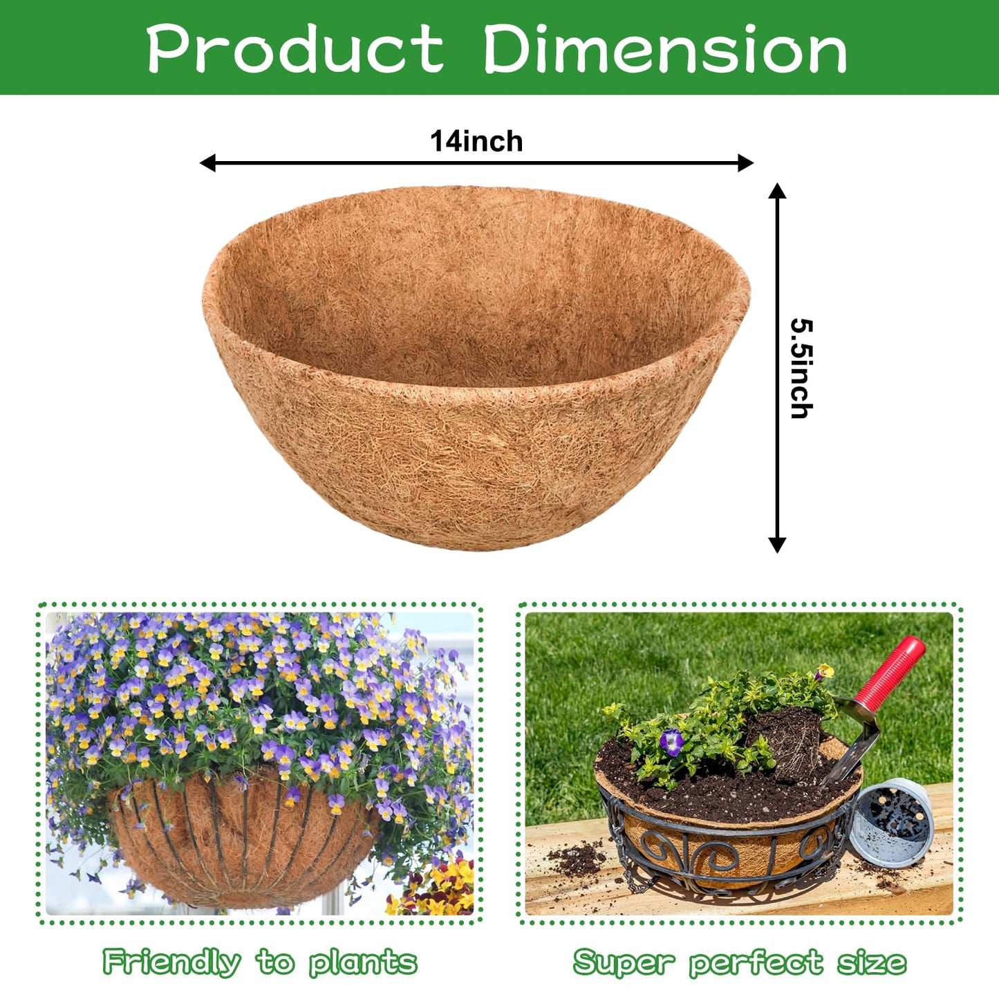 Riare 4 Pack 14 Inch Round Coco Liners Replacement, 100% Natural Coconut Coir Liners for Hanging Baskets, Garden Flower Vegetables Planter Pot, Window Box, Fence, Decks