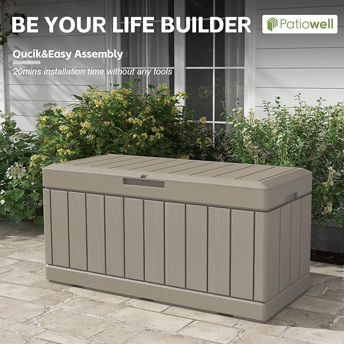 Patiowell 82 Gallon Resin Deck Box, Waterproof Large Wood Look Storage Box for Patio Furniture, Pool Accessories, Garden Tools and Sports Equipment, Lockable, Light Brown
