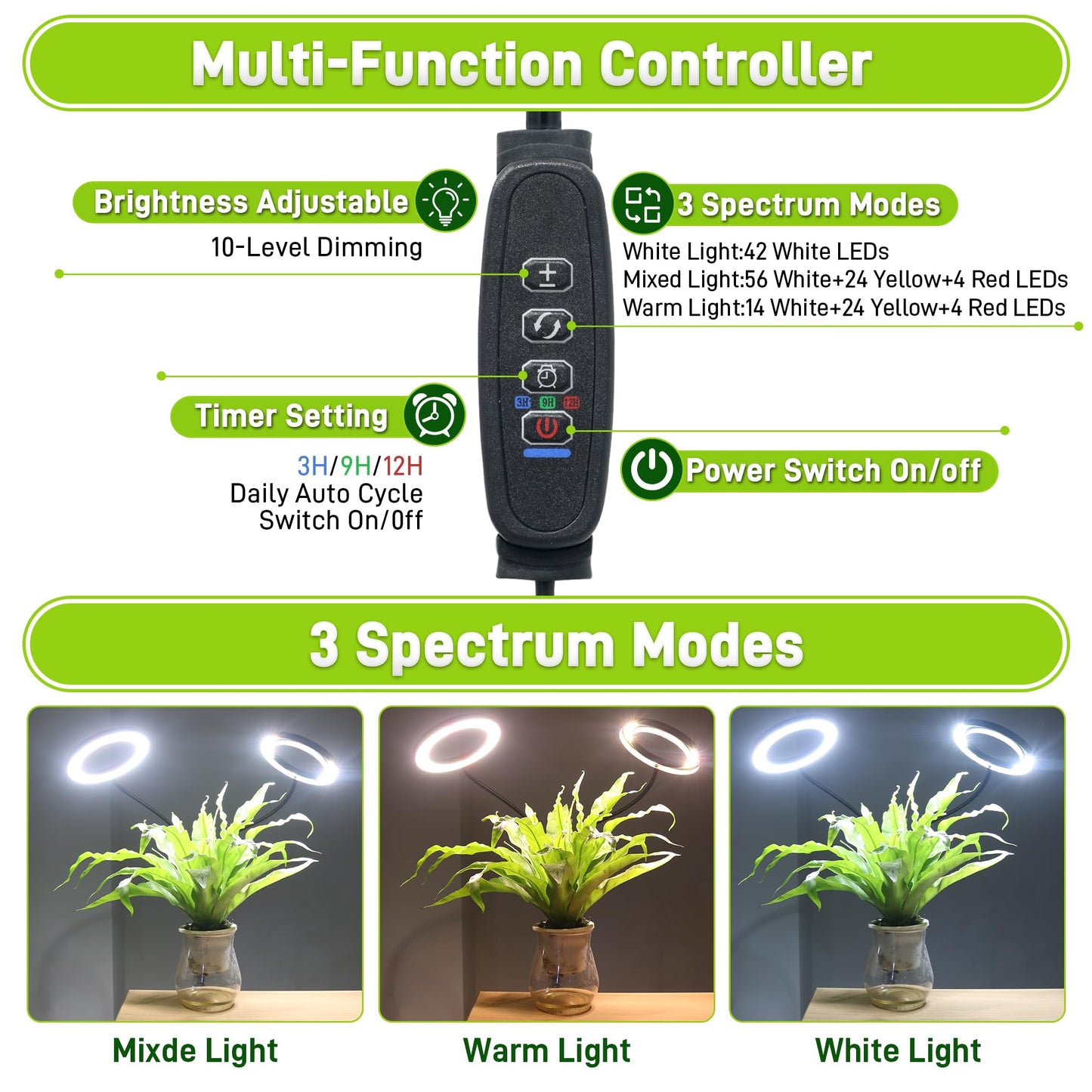 LETKEYS Grow Lights for Indoor Plants,Double Head Full Spectrum LED Plant Light with Stand,6 Dimmable Levels & 3 Lighting Modes, Auto On Off Timer 3/9/12H, 38-67 inches Adjustable Height, Black